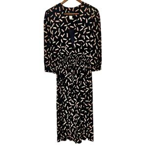 WARREN Z Black Abstract Geometric Print Midi Dress Smocked Waist 3/4 Sleeve‎ VTG